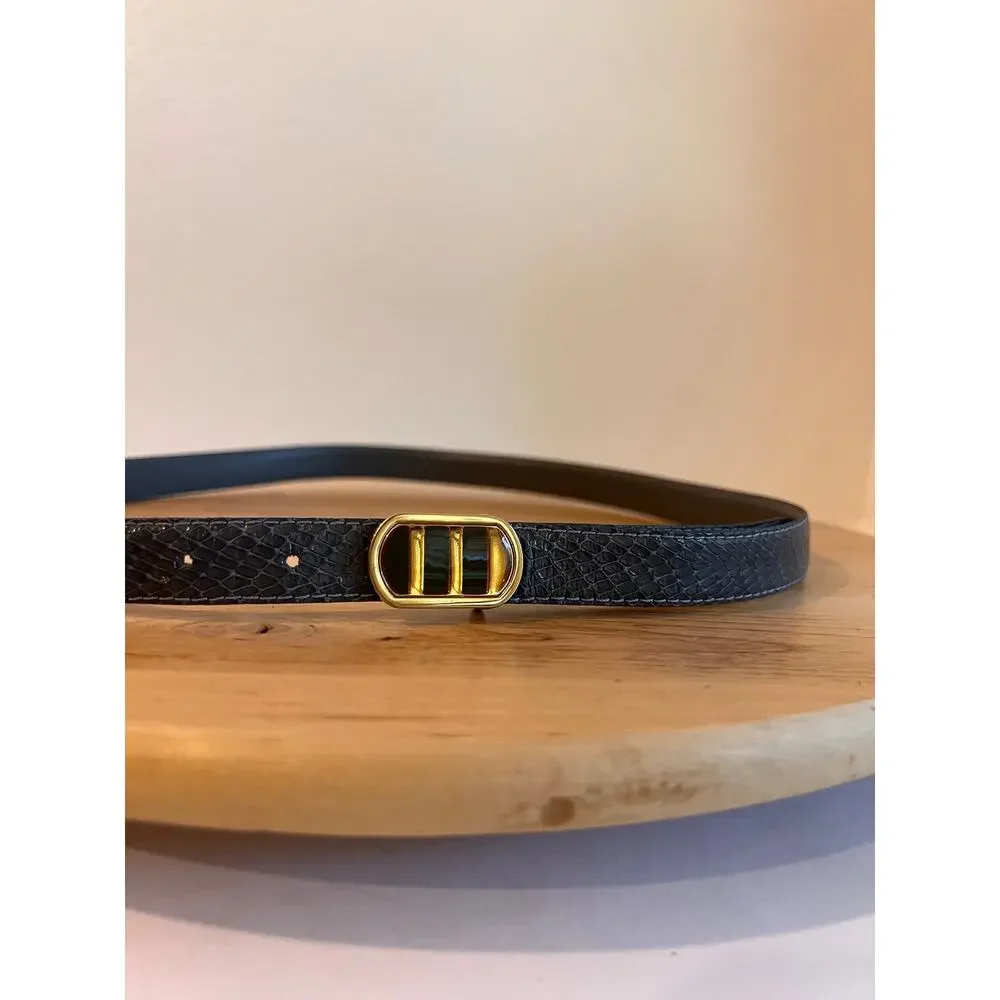 Vintage Gray Leather Gold Hook Buckle Belt Size Small to Medium